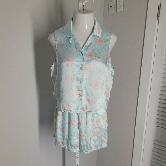 Kim Rogers Intimates Top & Shorts 2 Piece Pajama Set ~ Sz L ~ Blue ~ Floral - Picture 2 of 5
